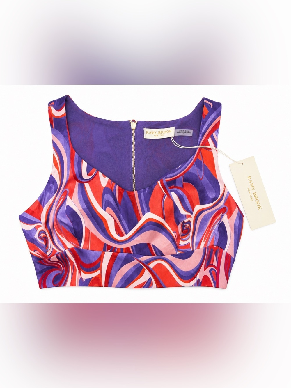 NWT Ramy Brook Deidra Cropped Tank Top 8 Purple Swirl Retro Psychedelic Y2K Mod⁠